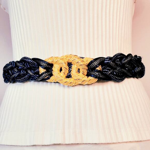 Corded Tapestry Belt Navy Blue Gold Tone 28 Waist Non Adjustable Hook Closure - Picture 1 of 12